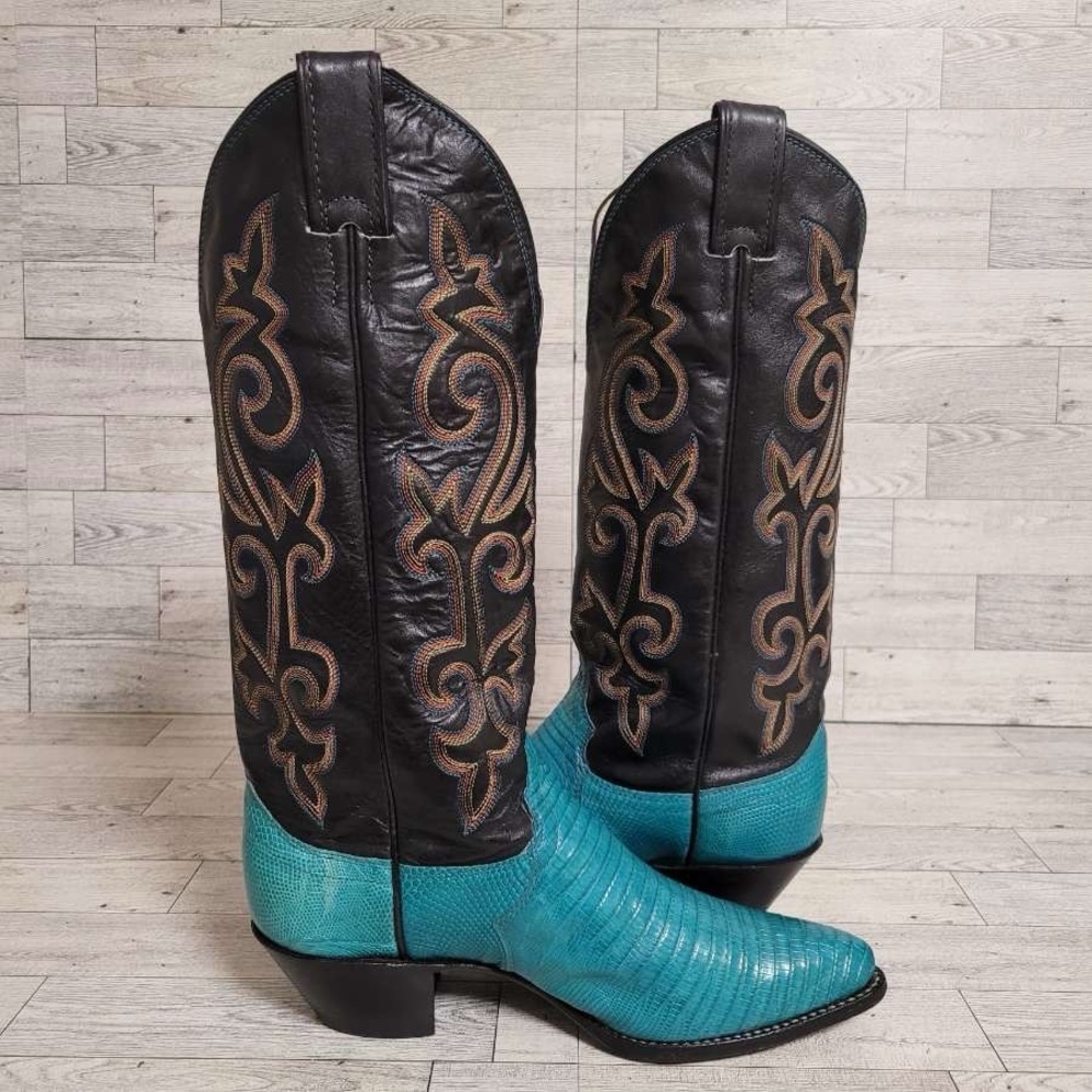 Women's Justin Western Turquoise Lizard Leather Rodeo Cowboy Boots Size 6.5 B - Picture 7 of 10